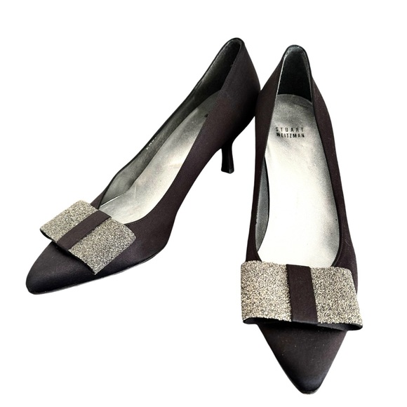 Stuart Weitzman Black Satin Glitter Pumps Bow Detail Pointed Toe Heels Women’s - Picture 1 of 15